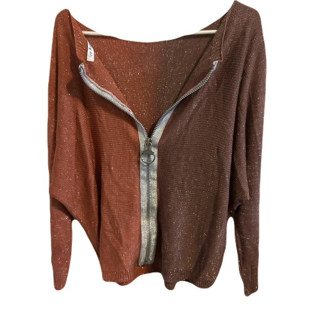 GIGI MODA $141 Argento Dual Toned Sweater Rust Brown Metallic Thread Italy Made - Picture 14 of 16